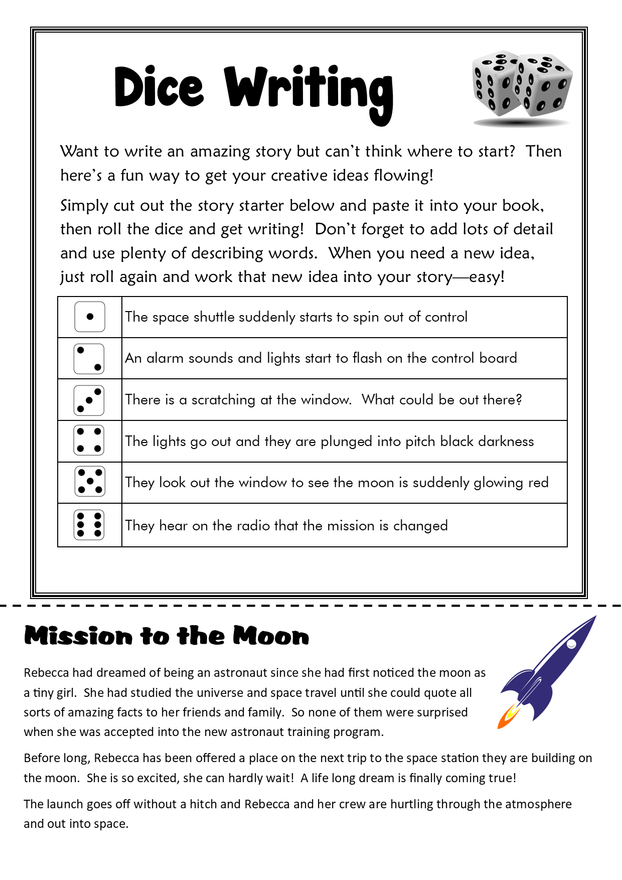 Student resource page preview for Dice Writing - Mission to the Moon