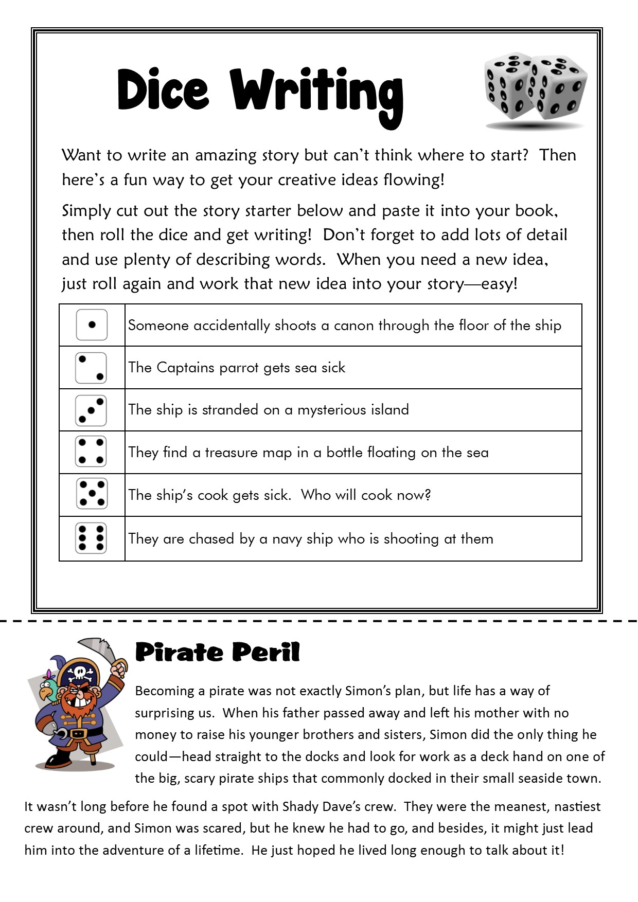 Student resource page preview for Dice Writing - Pirate Peril