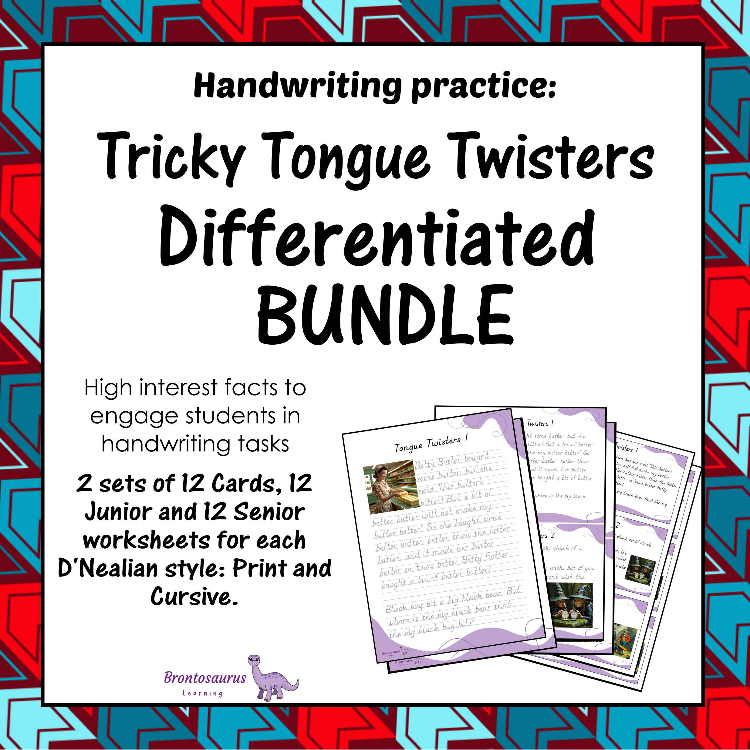 Cover preview of the Tricky Tongue Twisters differentiated handwriting bundle for D'Nealian, including printable junior worksheets, senior worksheets and cards.