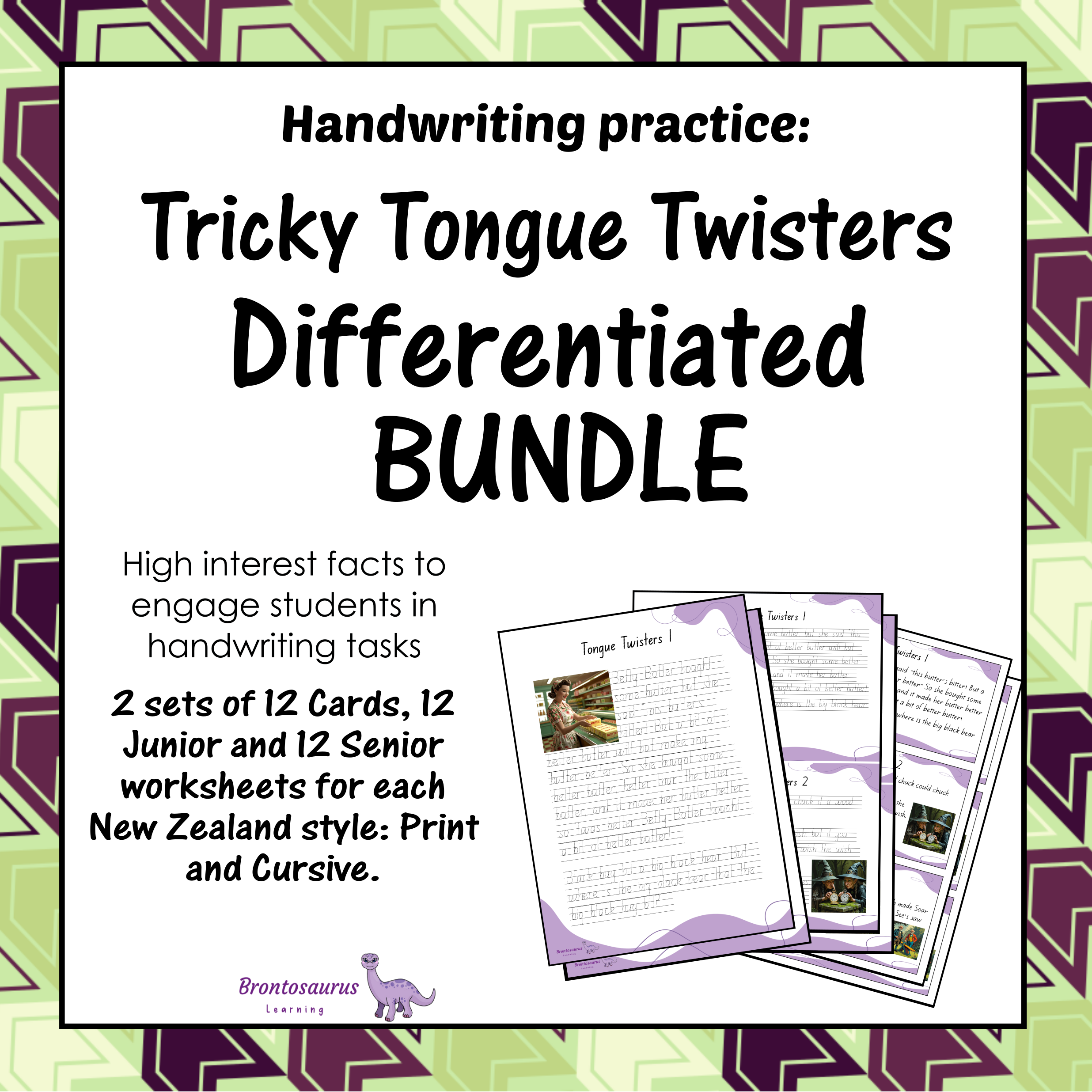 Cover preview of the Tricky Tongue Twisters differentiated handwriting bundle for New Zealand, including printable junior worksheets, senior worksheets and cards.