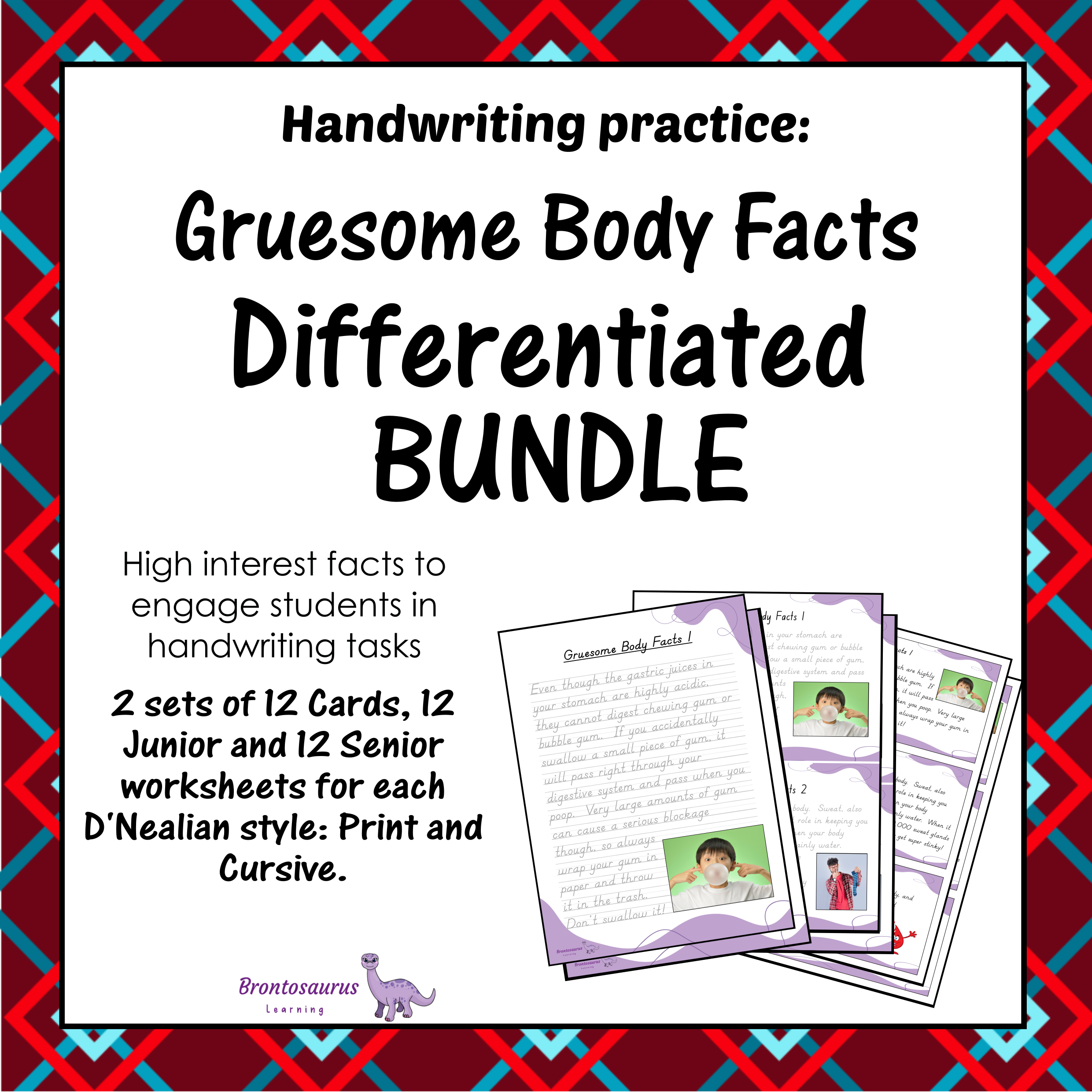 Cover preview of the Gruesome Body Facts differentiated handwriting bundle for D'Nealian, including printable junior worksheets, senior worksheets and cards.
