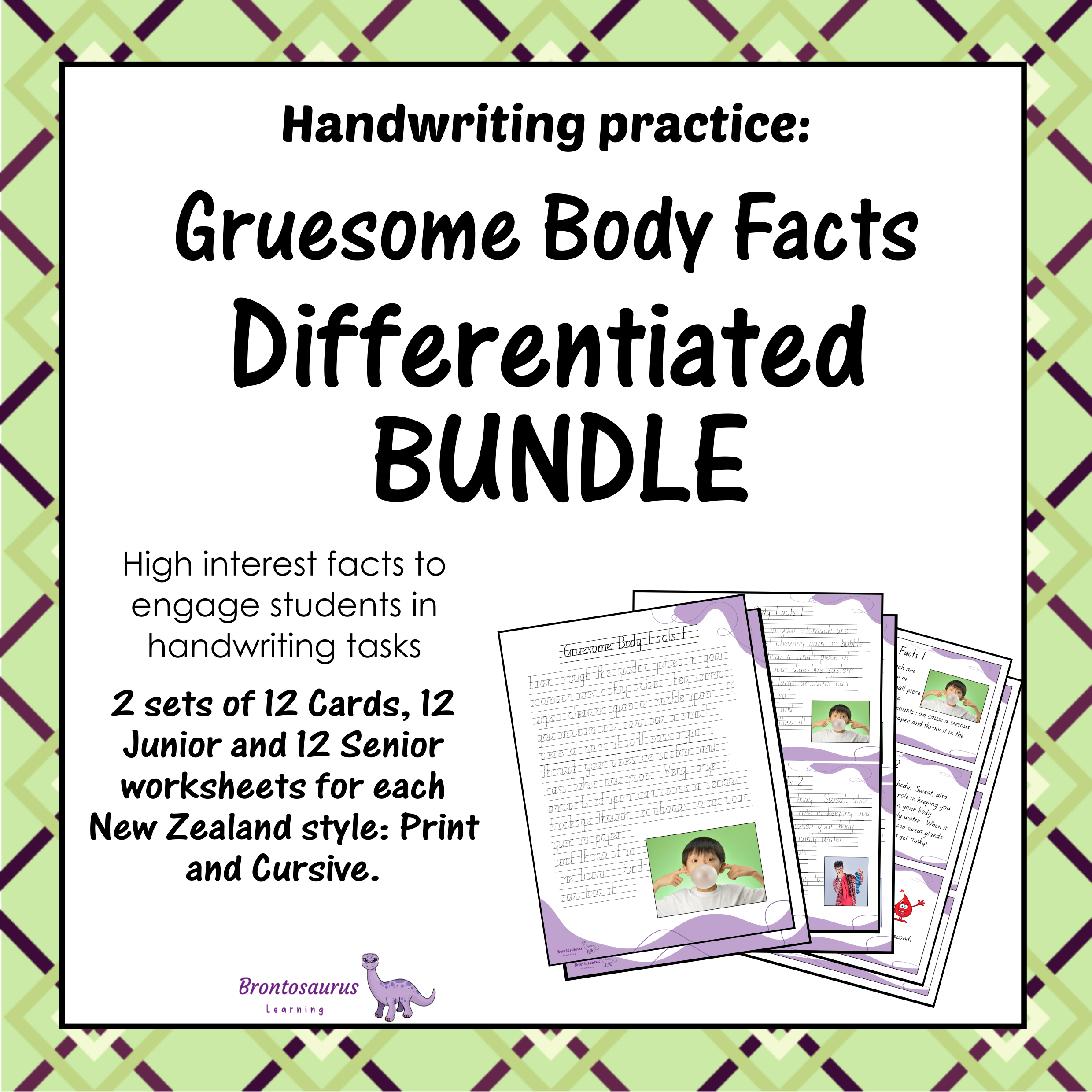Cover preview of the Gruesome Body Facts differentiated handwriting bundle for New Zealand, including printable junior worksheets, senior worksheets and cards.
