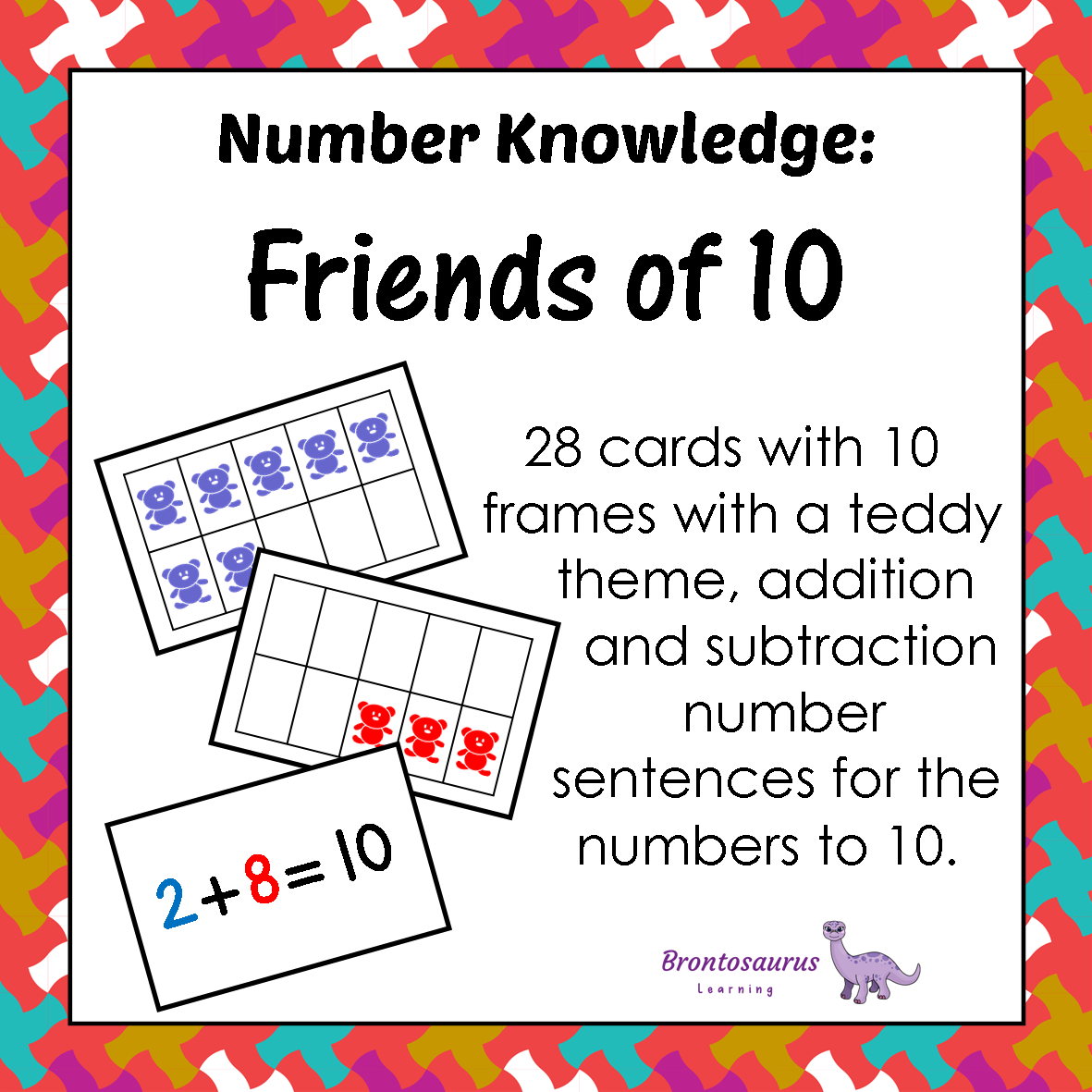 Number 2 Friends of 10 Card Game - Teddy counters