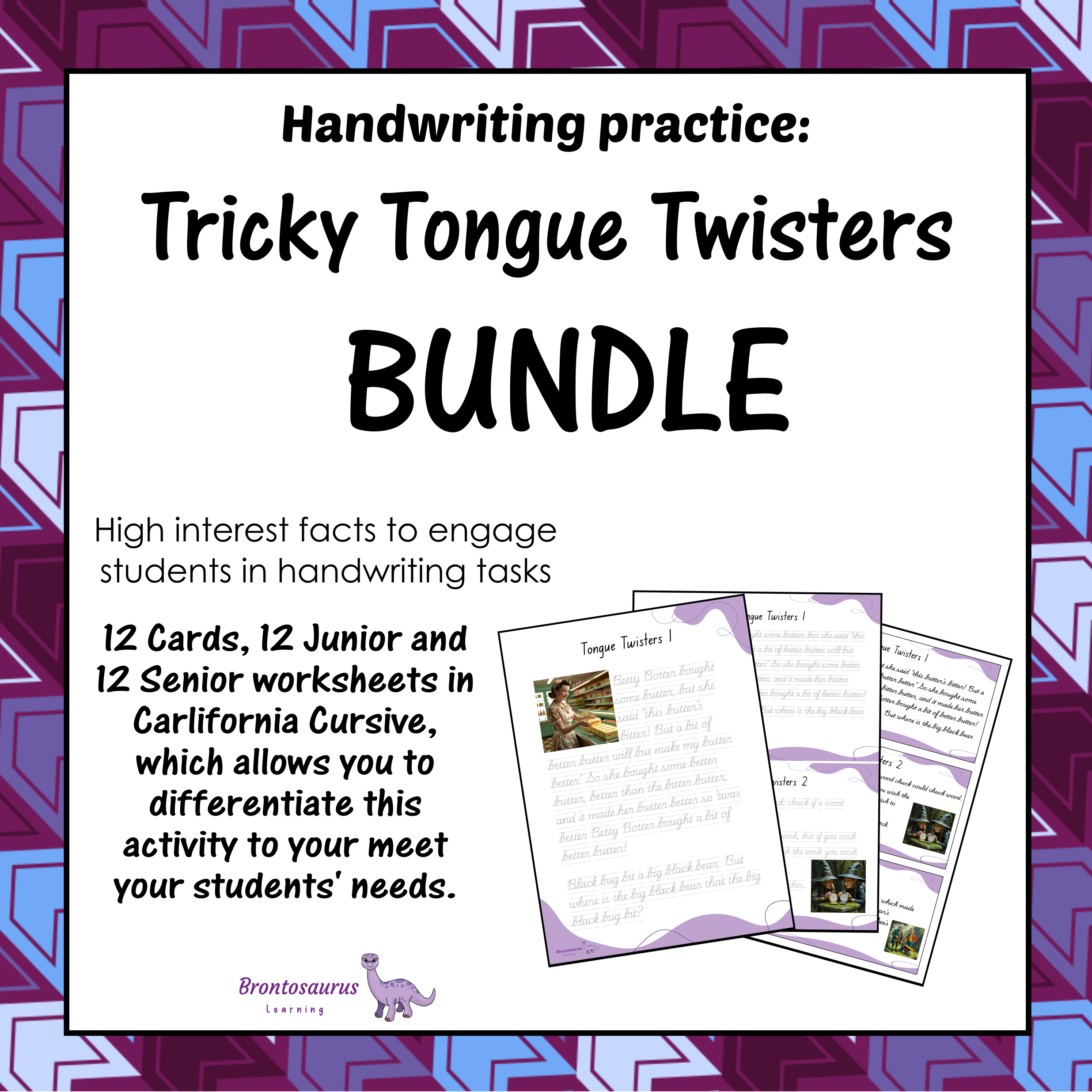 Cover preview of the Tricky Tongue Twisters cursive handwriting set for California, including printable junior worksheets, senior worksheets and cards.