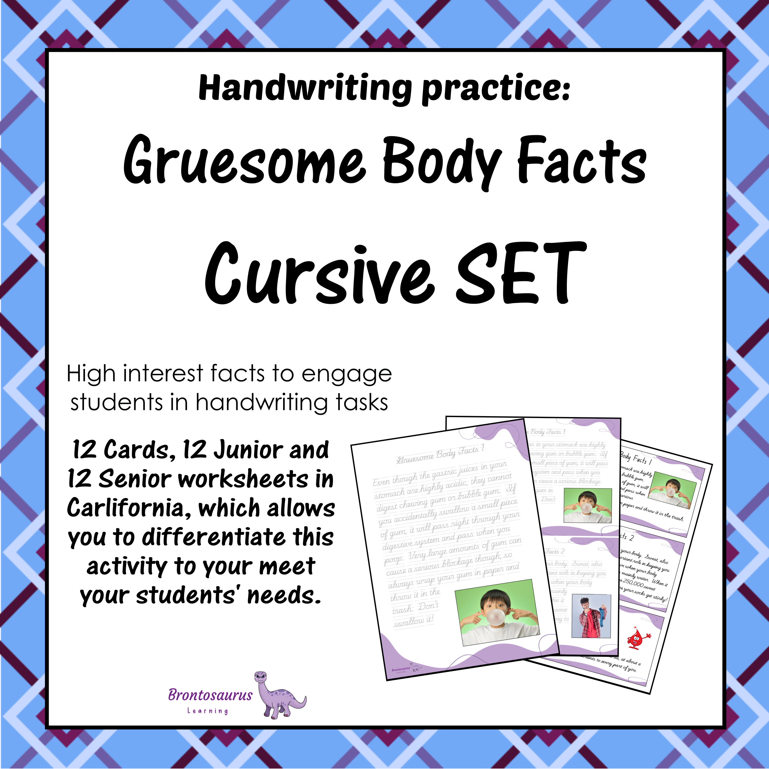 Cover preview of the Gruesome Body Facts cursive handwriting set for California, including printable junior worksheets, senior worksheets and cards.