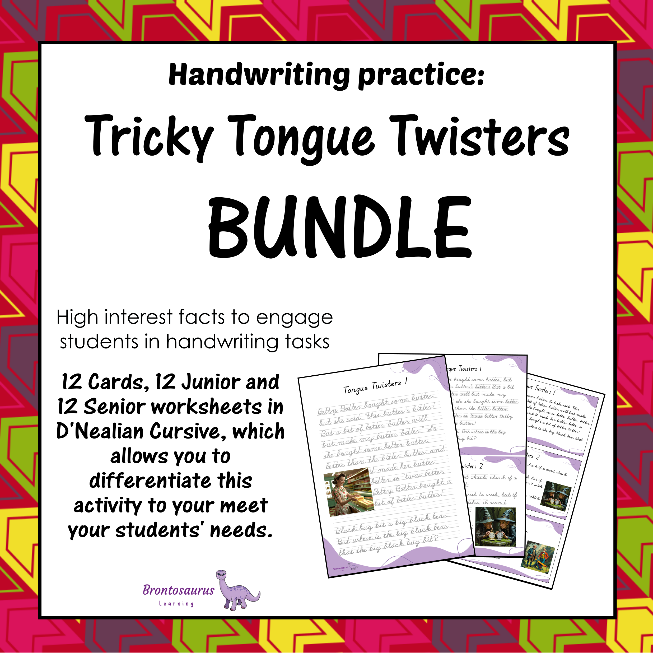 Cover preview of the Tricky Tongue Twisters cursive handwriting set for D'Nealian, including printable junior worksheets, senior worksheets and cards.