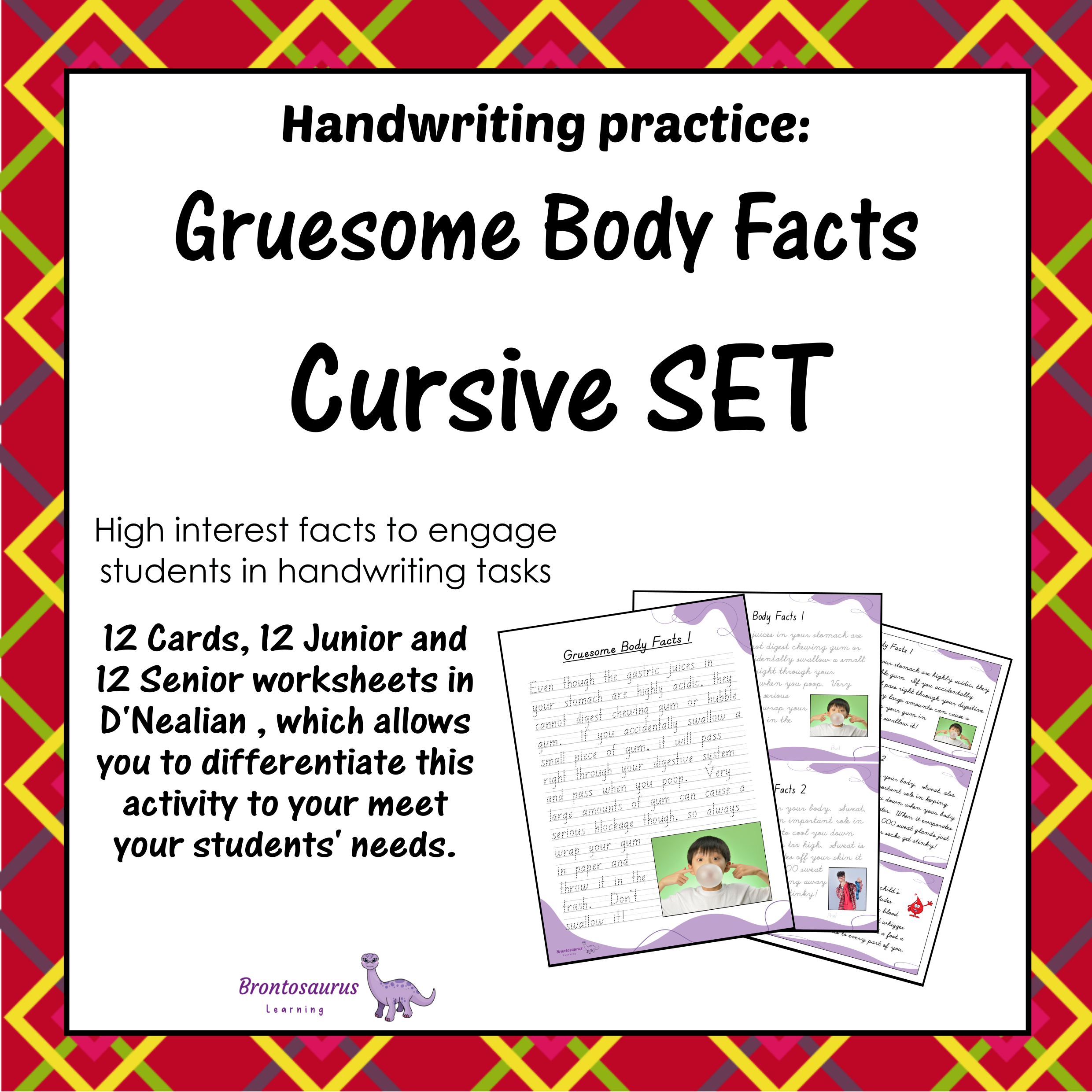 Cover preview of the Gruesome Body Facts cursive handwriting set for D'Nealian, including printable junior worksheets, senior worksheets and cards.