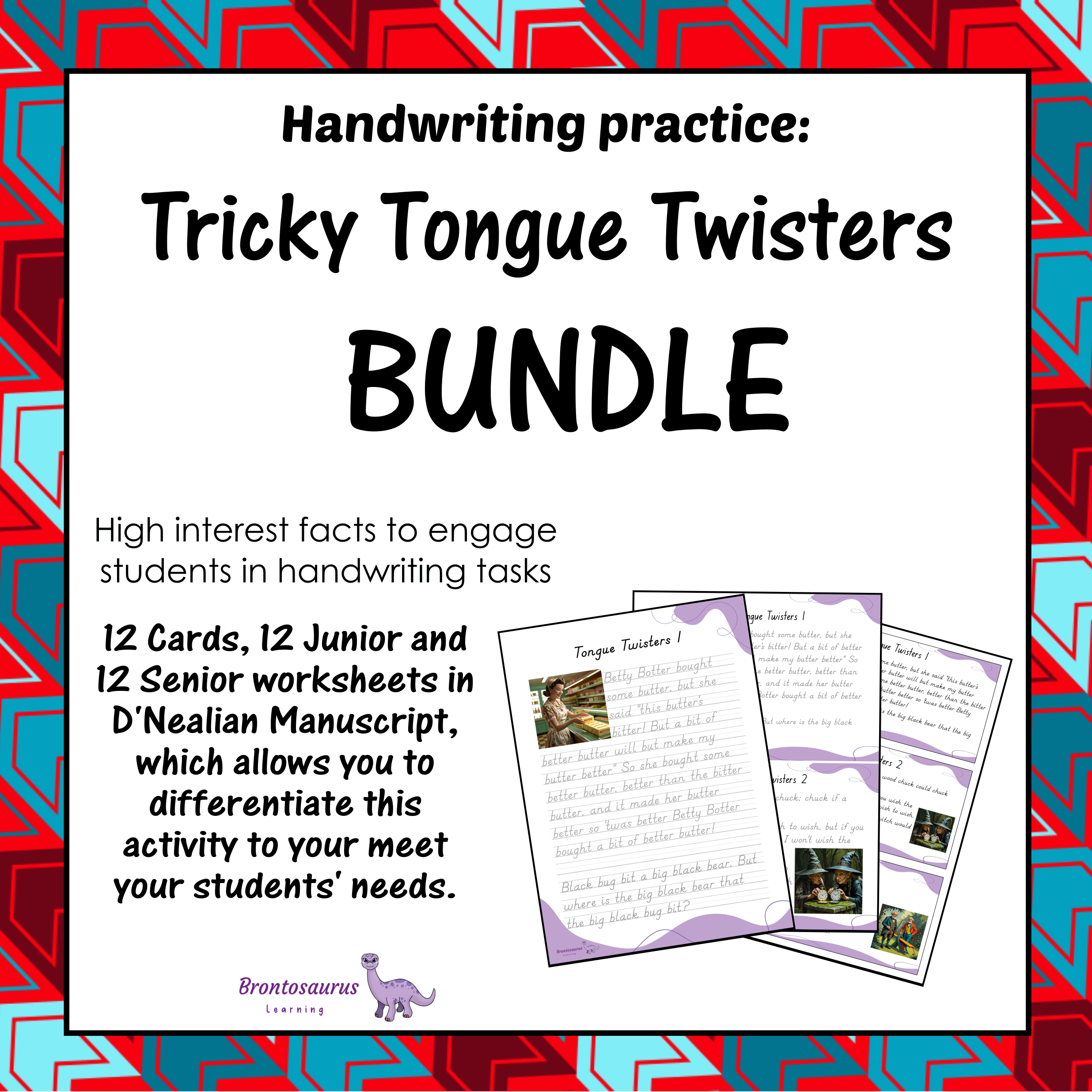 Cover preview of the Tricky Tongue Twisters print handwriting set for D'Nealian, including printable junior worksheets, senior worksheets and cards.