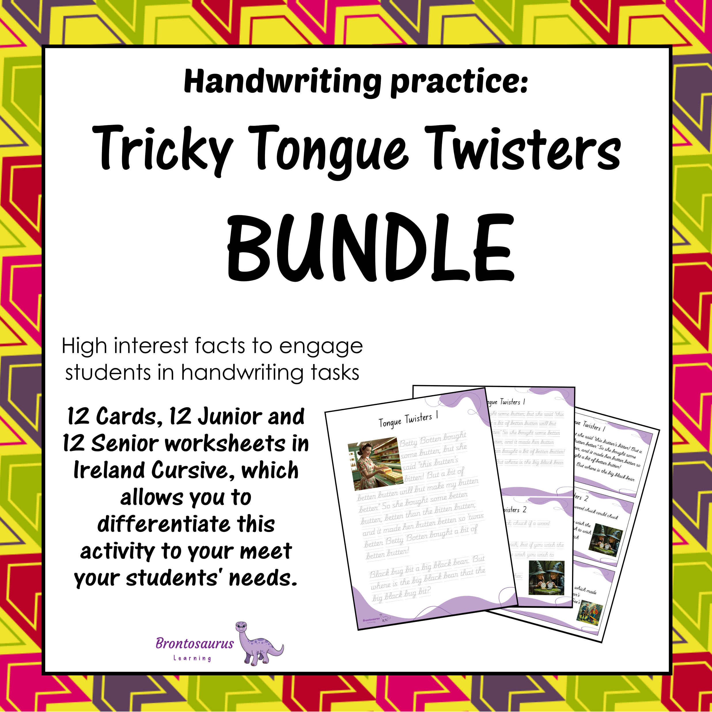 Cover preview of the Tricky Tongue Twisters cursive handwriting set for Ireland, including printable junior worksheets, senior worksheets and cards.