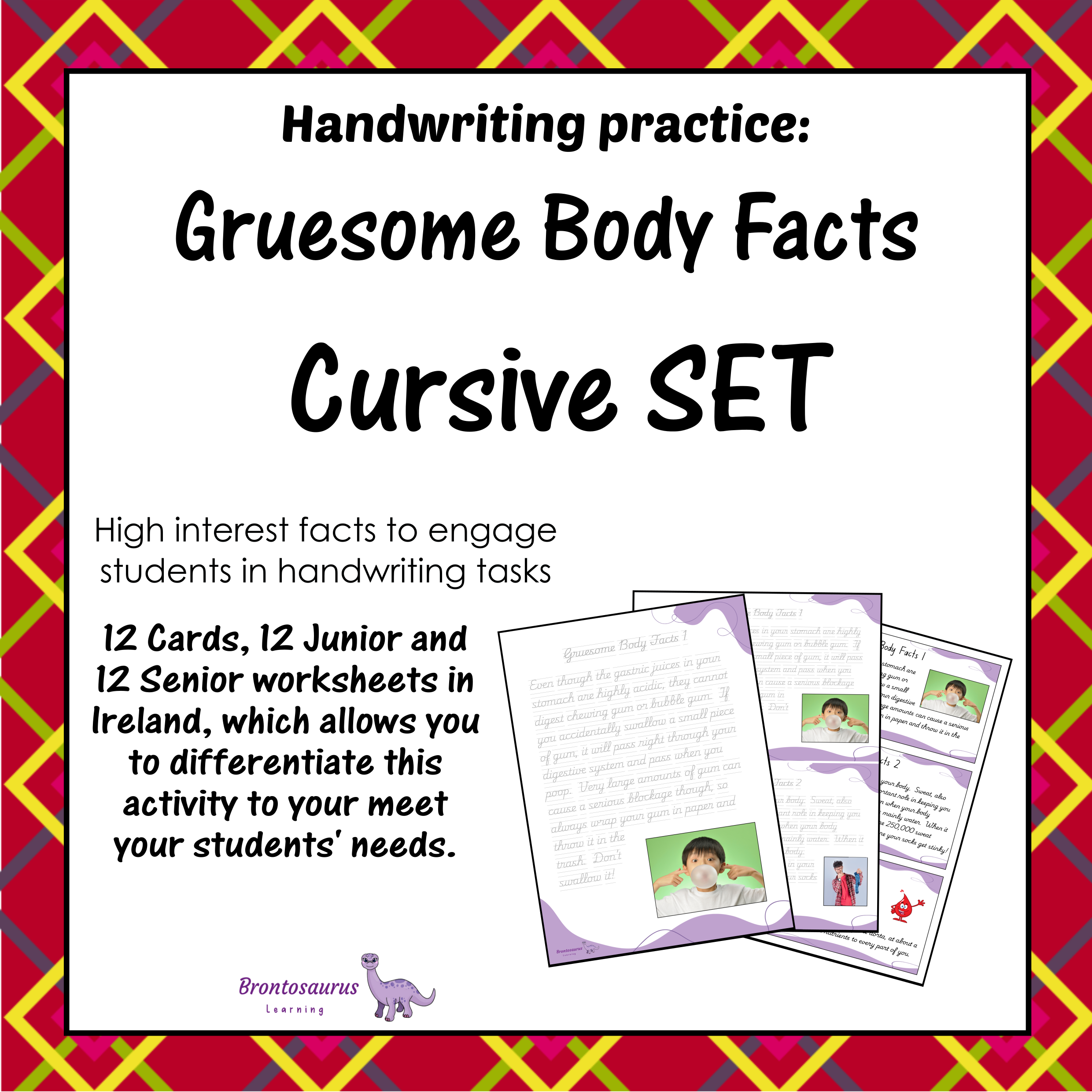 Cover preview of the Gruesome Body Facts cursive handwriting set for Ireland, including printable junior worksheets, senior worksheets and cards.