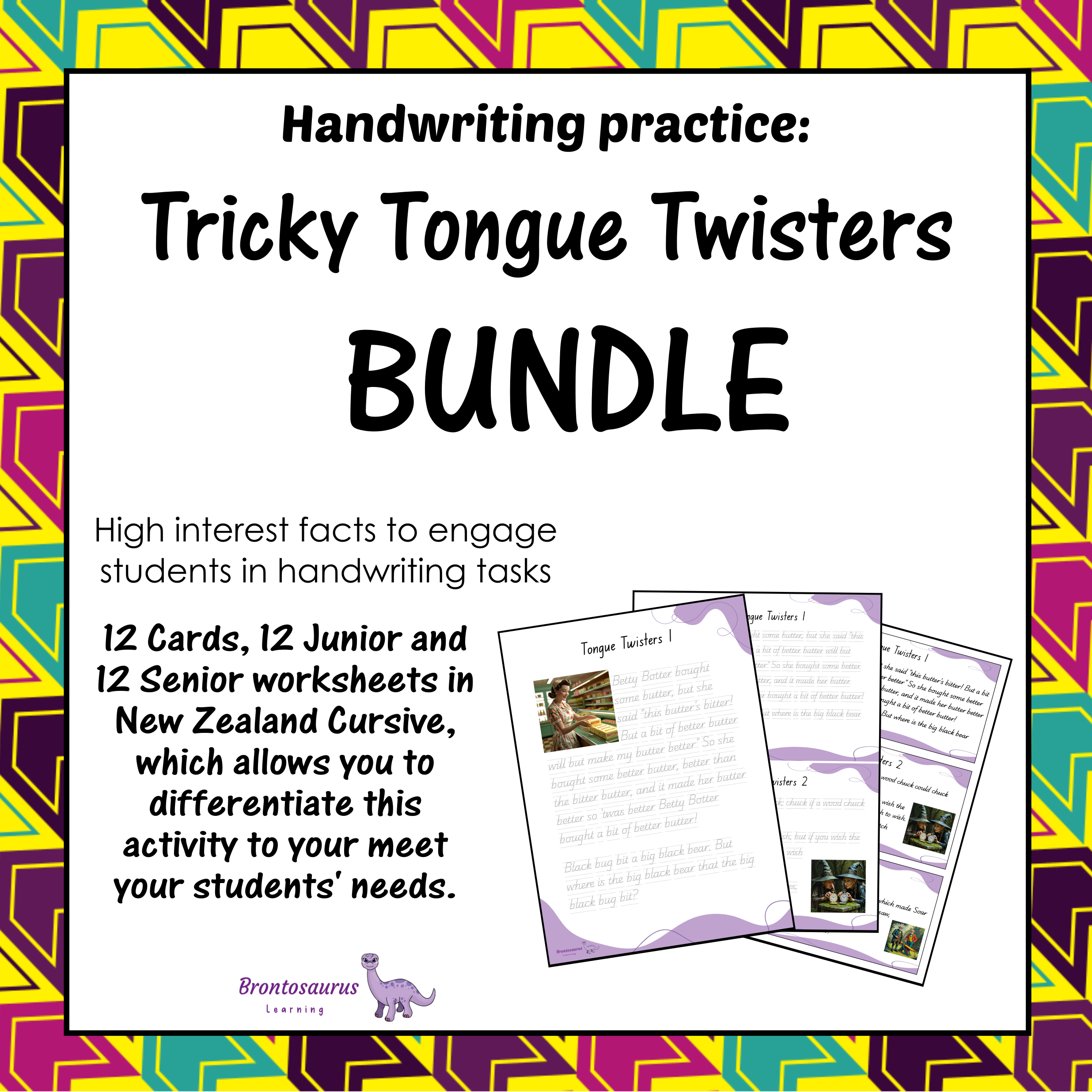 Cover preview of the Tricky Tongue Twisters cursive handwriting set for New Zealand, including printable junior worksheets, senior worksheets and cards.