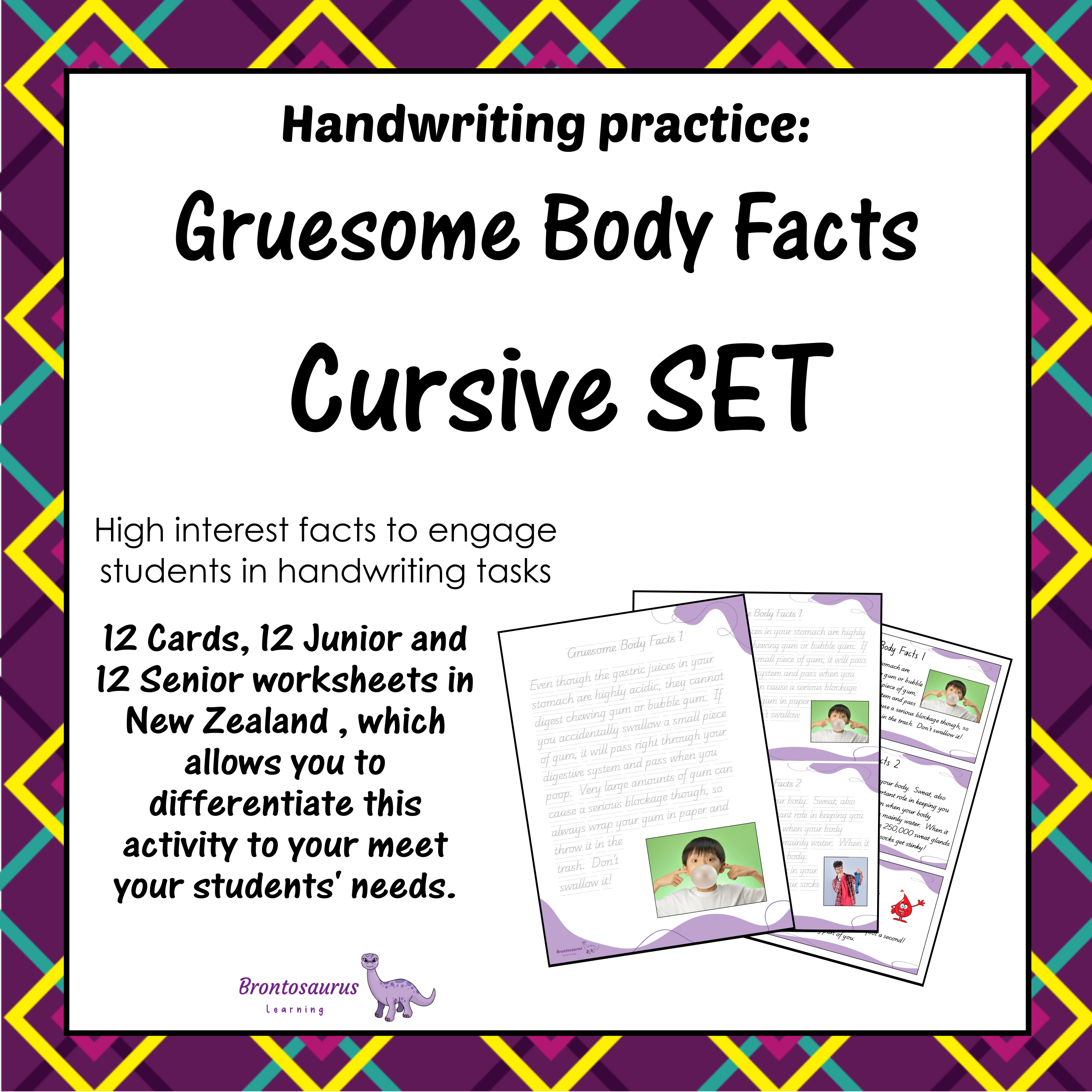 Cover preview of the Gruesome Body Facts cursive handwriting set for New Zealand, including printable junior worksheets, senior worksheets and cards.