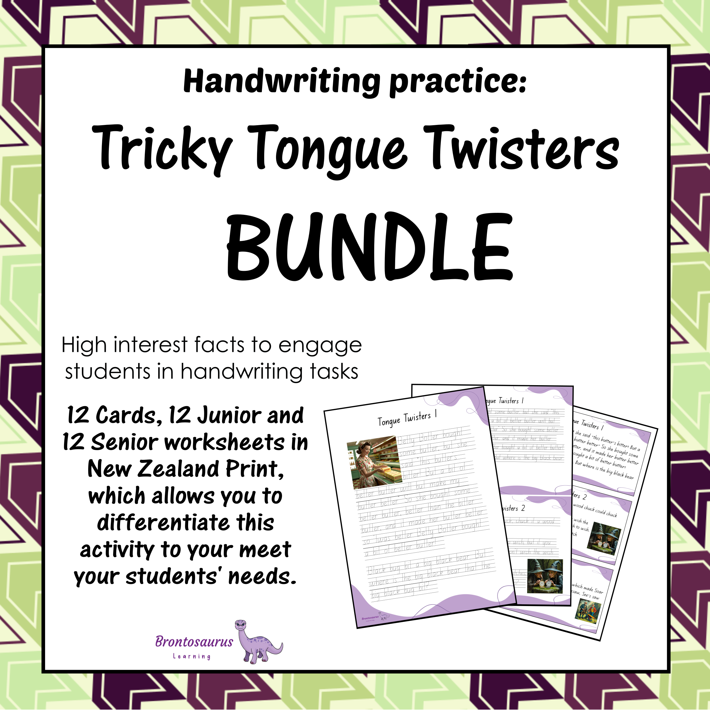 Cover preview of the Tricky Tongue Twisters print handwriting set for New Zealand, including printable junior worksheets, senior worksheets and cards.