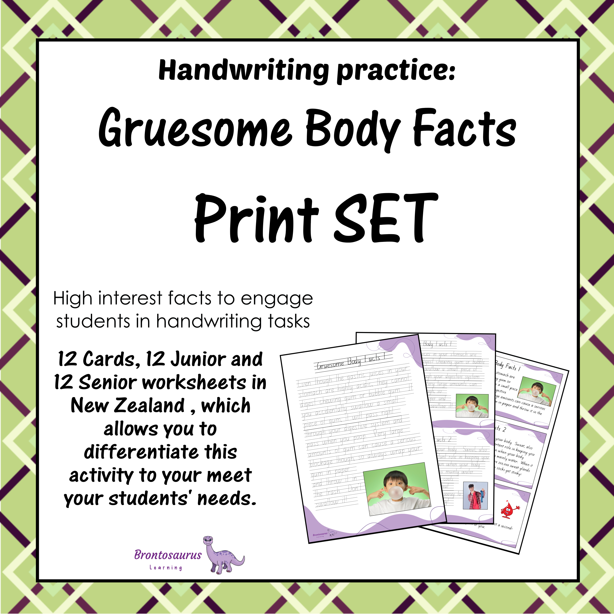 Cover preview of the Gruesome Body Facts print handwriting set for New Zealand, including printable junior worksheets, senior worksheets and cards.