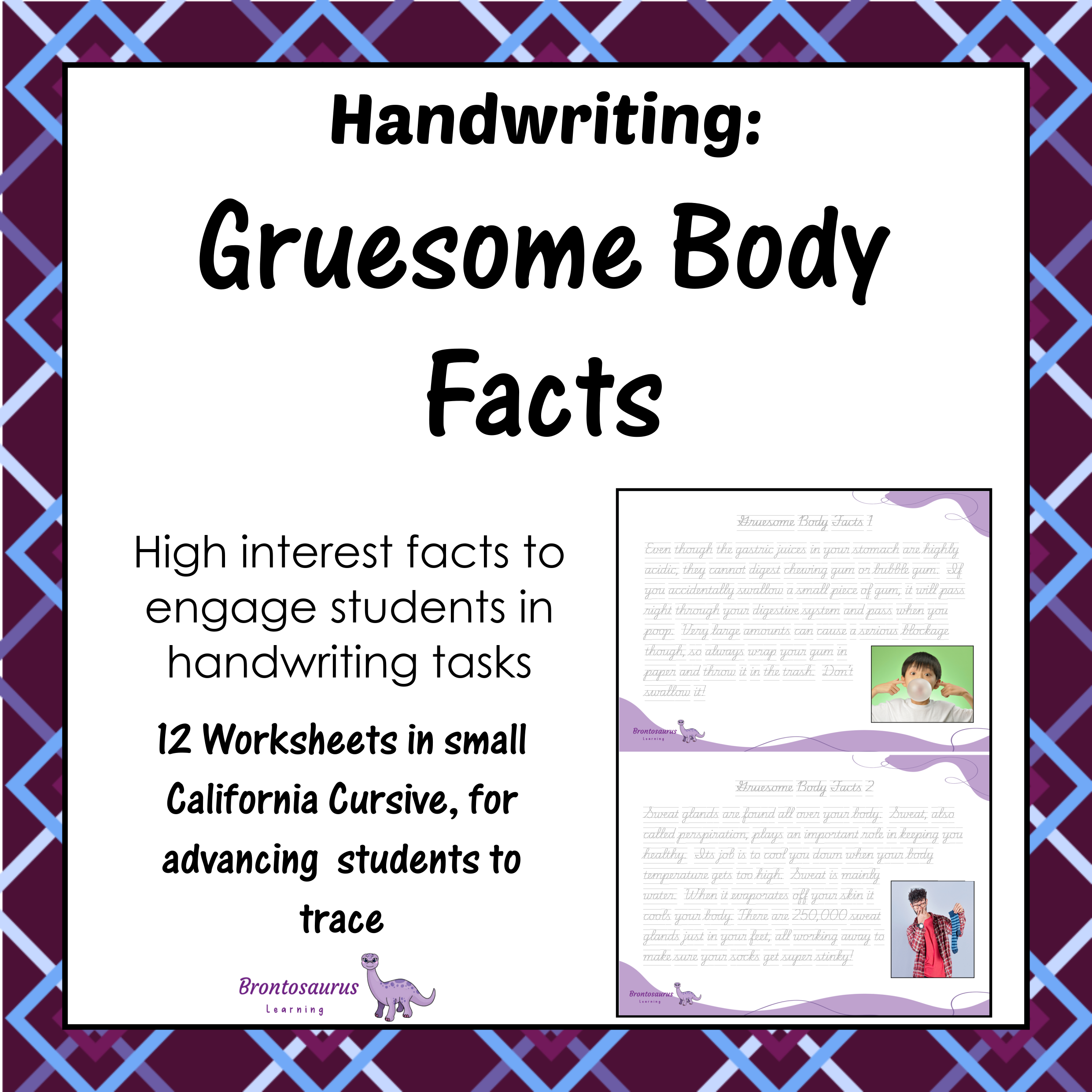 Cover preview of Gruesome Body Facts senior handwriting worksheets for California in cursive handwriting, a printable classroom resource.