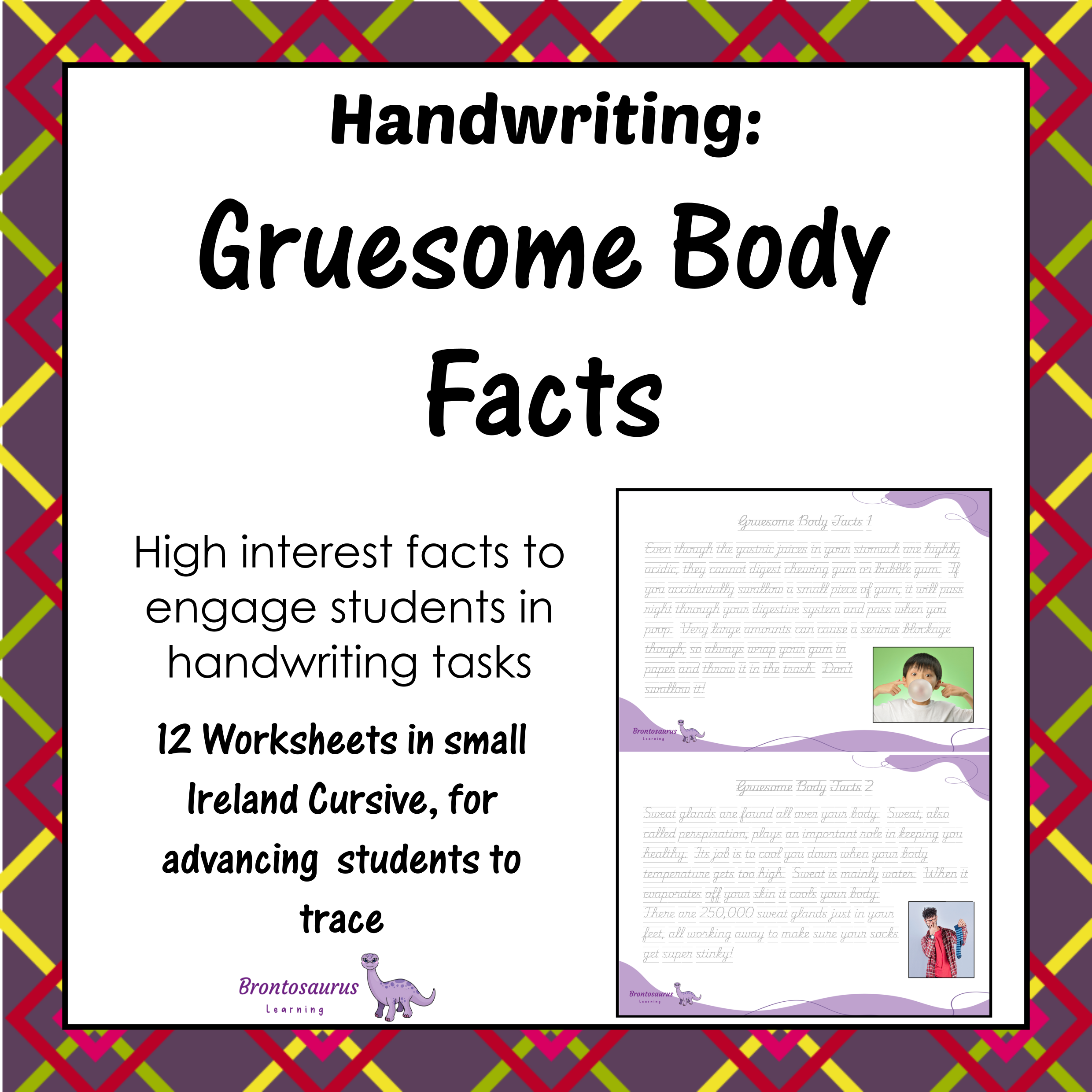 Cover preview of Gruesome Body Facts senior handwriting worksheets for Ireland in cursive handwriting, a printable classroom resource.