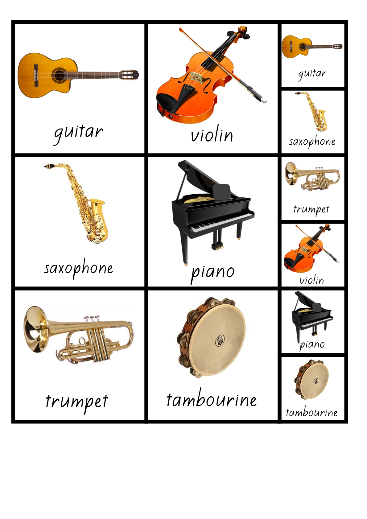 Student resource page preview for Musical Instruments Visual Aid Cards